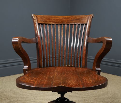 fig 8. Antique English Edwardian Oak Revolving Office Desk Arm Chair Saddle Seat (Circa 1910
