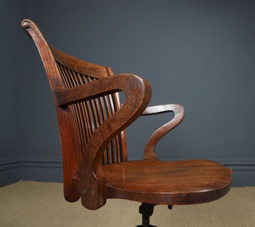 fig 9. Antique English Edwardian Oak Revolving Office Desk Arm Chair Saddle Seat (Circa 1910