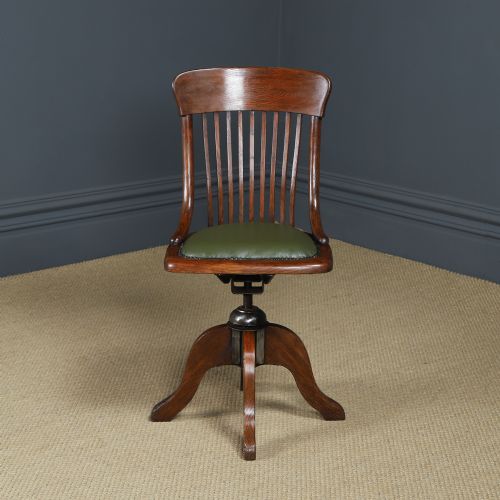fig 1. Antique English George V Oak & Green Leather Revolving Armless Office Desk Side Chair by Bell Barn Furniture (Circa 1920)