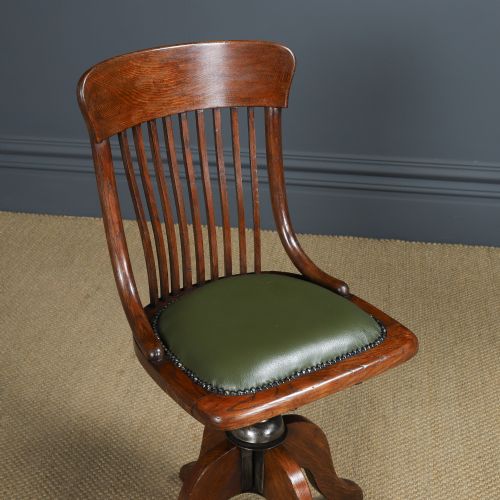 fig 2. Antique English George V Oak & Green Leather Revolving Armless Office Desk Side Chair by Bell Barn Furniture (Circa 1920)