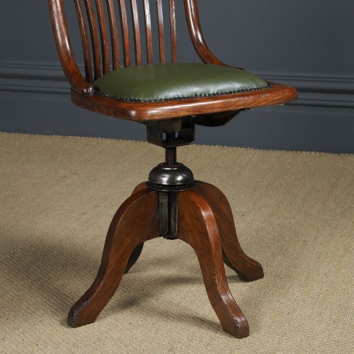 fig 3. Antique English George V Oak & Green Leather Revolving Armless Office Desk Side Chair by Bell Barn Furniture (Circa 1920)