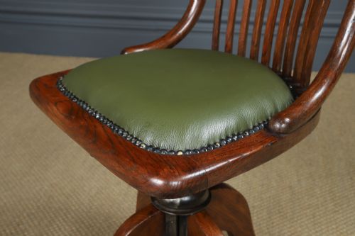fig 5. Antique English George V Oak & Green Leather Revolving Armless Office Desk Side Chair by Bell Barn Furniture (Circa 1920)