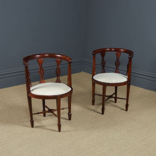 ANTIQUE ENGLISH PAIR OF EDWARDIAN MAHOGANY INLAID CIRCULAR TUB NEOCLASSICAL SALON CHAIRS ARMCHAIRS CIRCA 1910