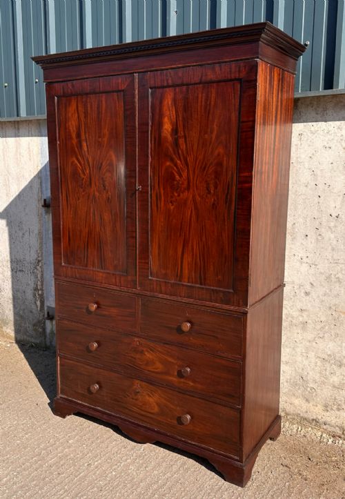 fig 1. Antique English Georgian Mahogany Linen Press Wardrobe Armoire (Circa 1800)