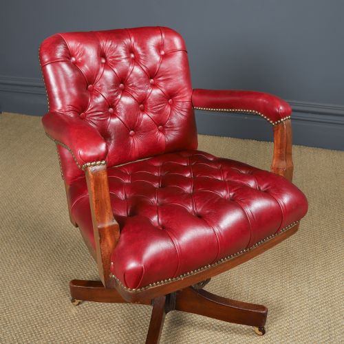 fig 1. Antique English George V Mahogany & Red Leather Upholstered Revolving Office Desk Arm Chair (Circa 1920)