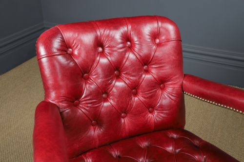 fig 2. Antique English George V Mahogany & Red Leather Upholstered Revolving Office Desk Arm Chair (Circa 1920)