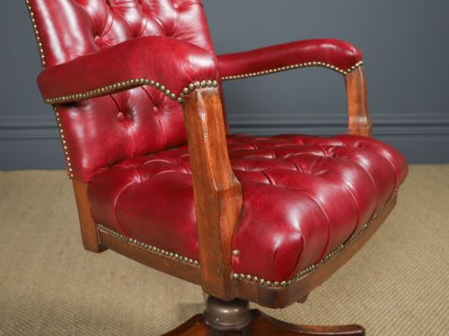 fig 3. Antique English George V Mahogany & Red Leather Upholstered Revolving Office Desk Arm Chair (Circa 1920)