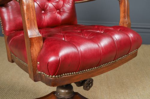 fig 5. Antique English George V Mahogany & Red Leather Upholstered Revolving Office Desk Arm Chair (Circa 1920)