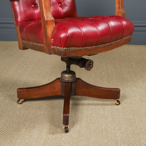 fig 6. Antique English George V Mahogany & Red Leather Upholstered Revolving Office Desk Arm Chair (Circa 1920)