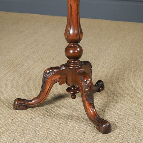 fig 4. Antique English Victorian Burr Walnut Round Circular Lamp / Wine / Bedside / Nightstand / Tripod Table (Circa 1860)