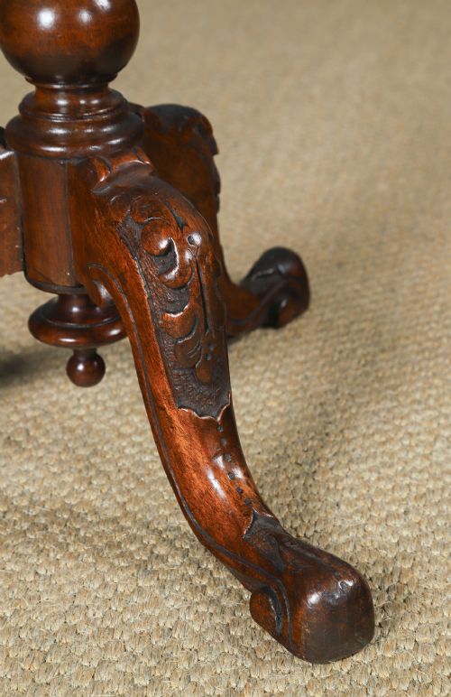 fig 5. Antique English Victorian Burr Walnut Round Circular Lamp / Wine / Bedside / Nightstand / Tripod Table (Circa 1860)