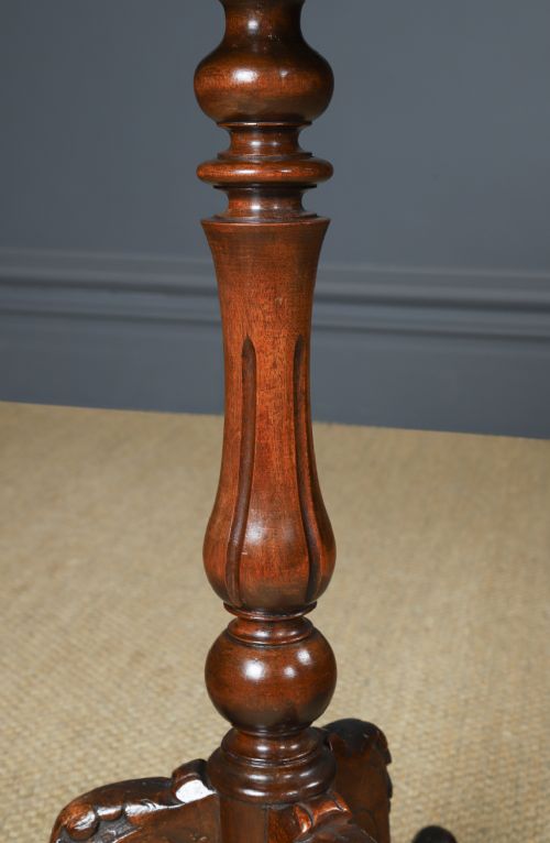 fig 7. Antique English Victorian Burr Walnut Round Circular Lamp / Wine / Bedside / Nightstand / Tripod Table (Circa 1860)