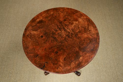 fig 8. Antique English Victorian Burr Walnut Round Circular Lamp / Wine / Bedside / Nightstand / Tripod Table (Circa 1860)
