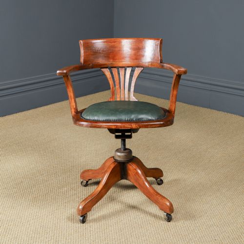 fig 1. Antique English Edwardian Beech & Green Leather Revolving Office Desk Arm Chair (Circa 1910)