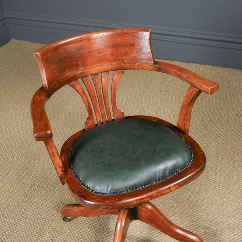 fig 2. Antique English Edwardian Beech & Green Leather Revolving Office Desk Arm Chair (Circa 1910)
