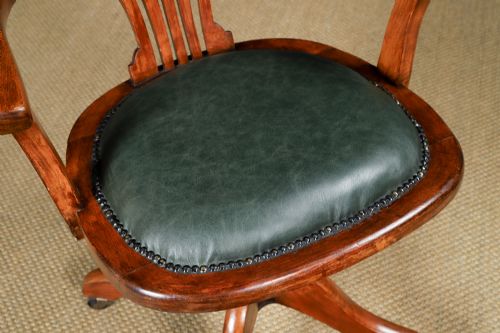 fig 3. Antique English Edwardian Beech & Green Leather Revolving Office Desk Arm Chair (Circa 1910)