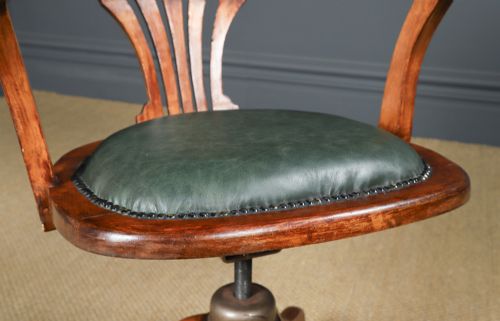 fig 4. Antique English Edwardian Beech & Green Leather Revolving Office Desk Arm Chair (Circa 1910)