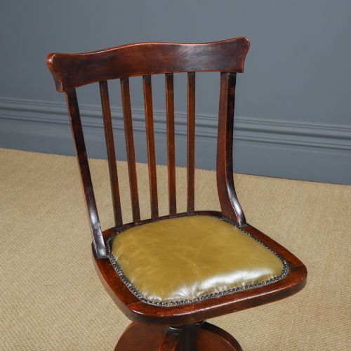 fig 2. Antique English Edwardian Beech & Green Leather Revolving Armless Office Desk Side Chair (Circa 1910)