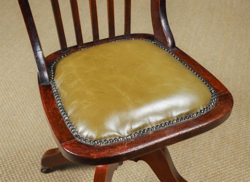 fig 5. Antique English Edwardian Beech & Green Leather Revolving Armless Office Desk Side Chair (Circa 1910)