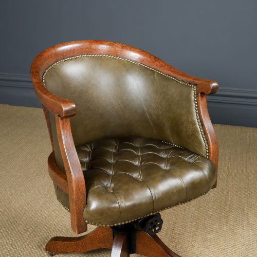 fig 1. Antique English Edwardian Oak & Green Leather Revolving Adjustable Office Desk Arm Tub Chair (Circa 1910)