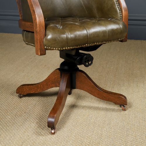 fig 2. Antique English Edwardian Oak & Green Leather Revolving Adjustable Office Desk Arm Tub Chair (Circa 1910)