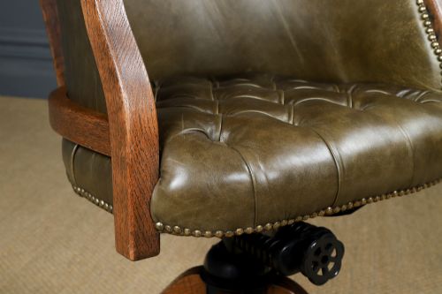 fig 3. Antique English Edwardian Oak & Green Leather Revolving Adjustable Office Desk Arm Tub Chair (Circa 1910)