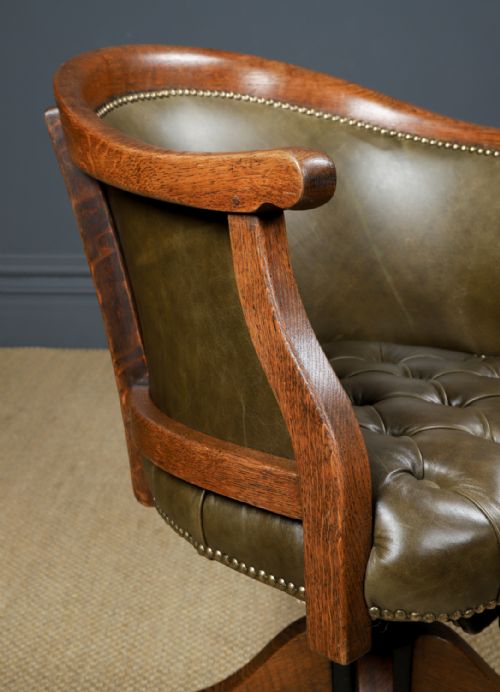 fig 4. Antique English Edwardian Oak & Green Leather Revolving Adjustable Office Desk Arm Tub Chair (Circa 1910)