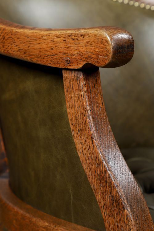 fig 5. Antique English Edwardian Oak & Green Leather Revolving Adjustable Office Desk Arm Tub Chair (Circa 1910)