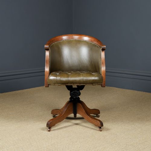 fig 6. Antique English Edwardian Oak & Green Leather Revolving Adjustable Office Desk Arm Tub Chair (Circa 1910)