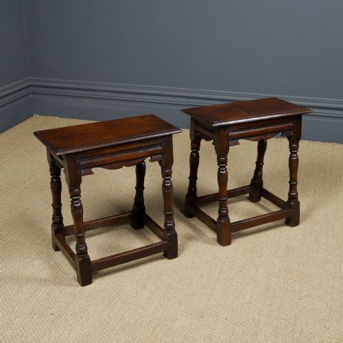 fig 1. Antique English Pair of 17th Century Style Oak Joint Stools / Occasional / Bedside Tables (Circa 1930)