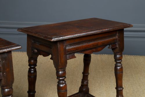 fig 7. Antique English Pair of 17th Century Style Oak Joint Stools / Occasional / Bedside Tables (Circa 1930)