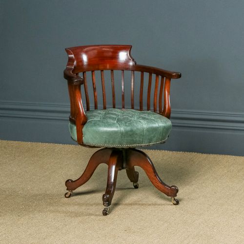 Antique English Victorian Mahogany & Green Leather Revolving Office Desk Chair (Circa 1880)