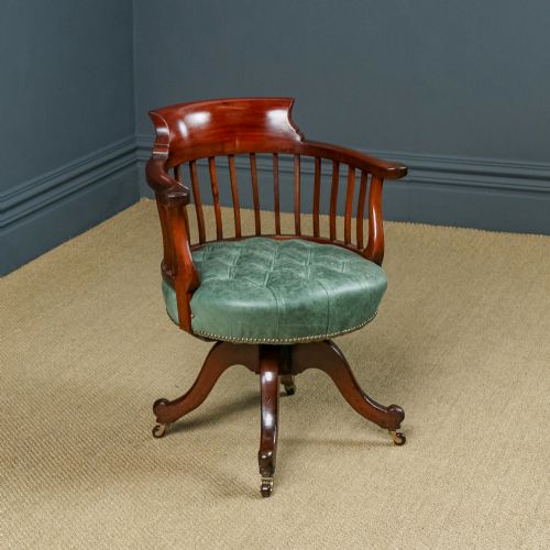 fig 1. Antique English Victorian Mahogany & Green Leather Revolving Office Desk Chair (Circa 1880)