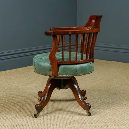 fig 2. Antique English Victorian Mahogany & Green Leather Revolving Office Desk Chair (Circa 1880)