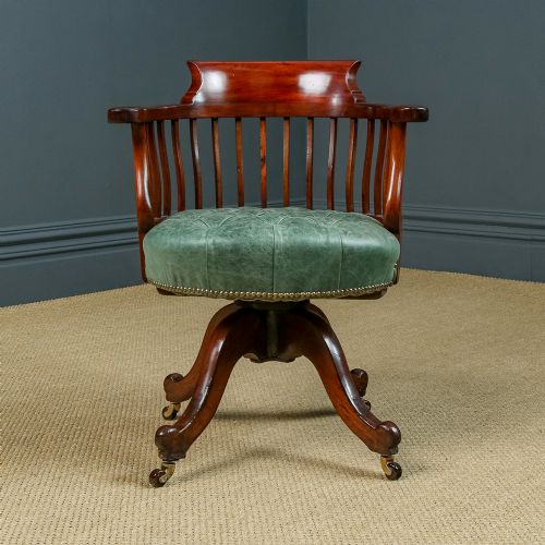 fig 3. Antique English Victorian Mahogany & Green Leather Revolving Office Desk Chair (Circa 1880)