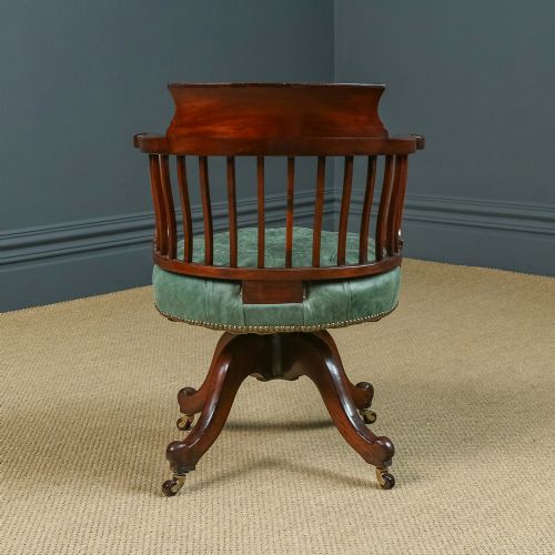 fig 4. Antique English Victorian Mahogany & Green Leather Revolving Office Desk Chair (Circa 1880)