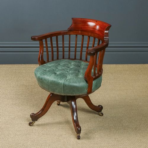 fig 5. Antique English Victorian Mahogany & Green Leather Revolving Office Desk Chair (Circa 1880)