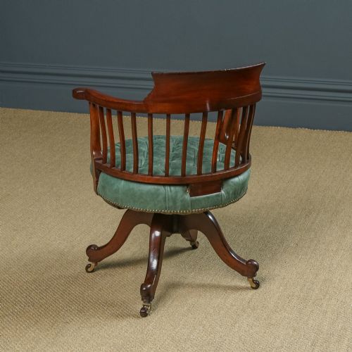 fig 6. Antique English Victorian Mahogany & Green Leather Revolving Office Desk Chair (Circa 1880)