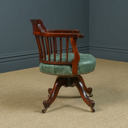 fig 7. Antique English Victorian Mahogany & Green Leather Revolving Office Desk Chair (Circa 1880)