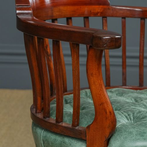fig 8. Antique English Victorian Mahogany & Green Leather Revolving Office Desk Chair (Circa 1880)