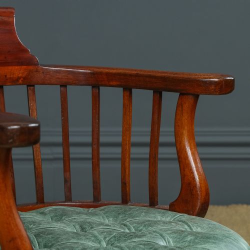 fig 9. Antique English Victorian Mahogany & Green Leather Revolving Office Desk Chair (Circa 1880)