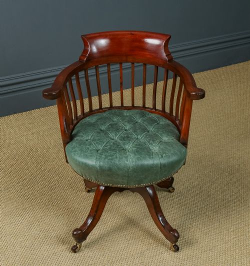 fig 10. Antique English Victorian Mahogany & Green Leather Revolving Office Desk Chair (Circa 1880)
