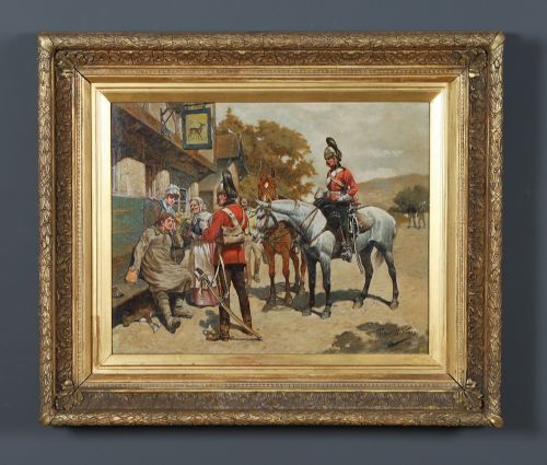 fig 1. A framed Victorian oil painting depicting soldiers in red uniforms and horses gathered outside a tavern.