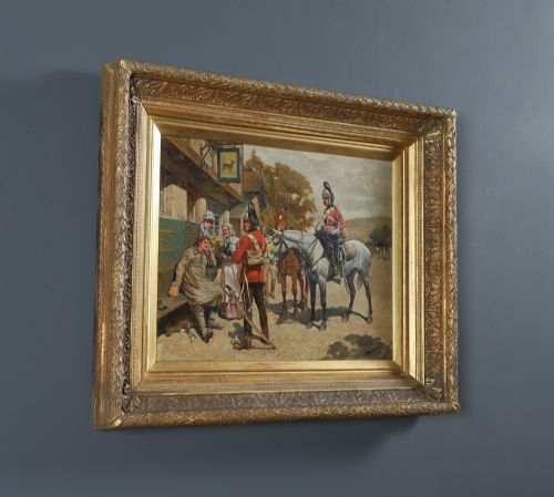 fig 2. A framed Victorian oil painting depicting soldiers in red uniforms and horses gathered outside a tavern.