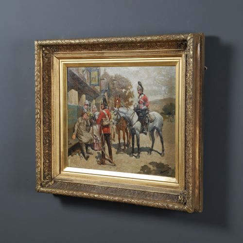 fig 3. A framed Victorian oil painting depicting soldiers in red uniforms and horses gathered outside a tavern.
