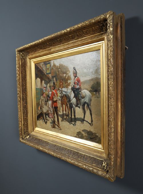 fig 4. A framed Victorian oil painting depicting soldiers in red uniforms and horses gathered outside a tavern.