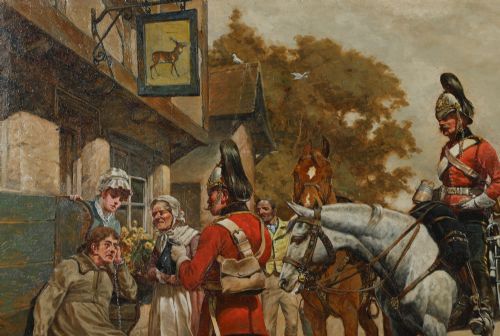fig 5. A framed Victorian oil painting depicting soldiers in red uniforms and horses gathered outside a tavern.