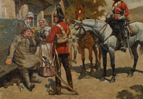 fig 6. A framed Victorian oil painting depicting soldiers in red uniforms and horses gathered outside a tavern.