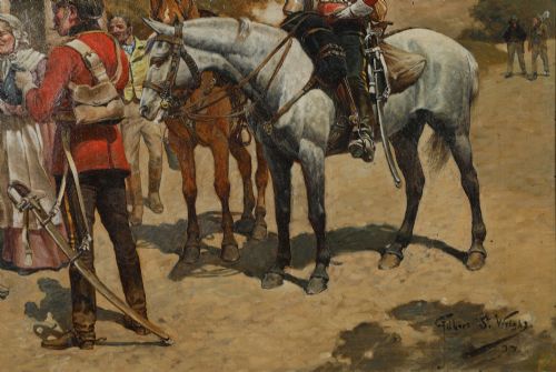 fig 7. A framed Victorian oil painting depicting soldiers in red uniforms and horses gathered outside a tavern.