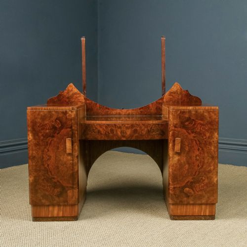 fig 1. Antique English Art Deco Burr Walnut Pedestal Dressing Table / Vanity Table with Round Mirror (Circa 1930)